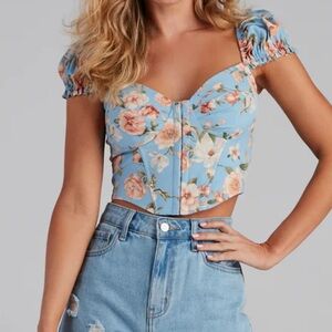 Windsor Floral Bliss Poplin Corset Blue Floral Crop Top